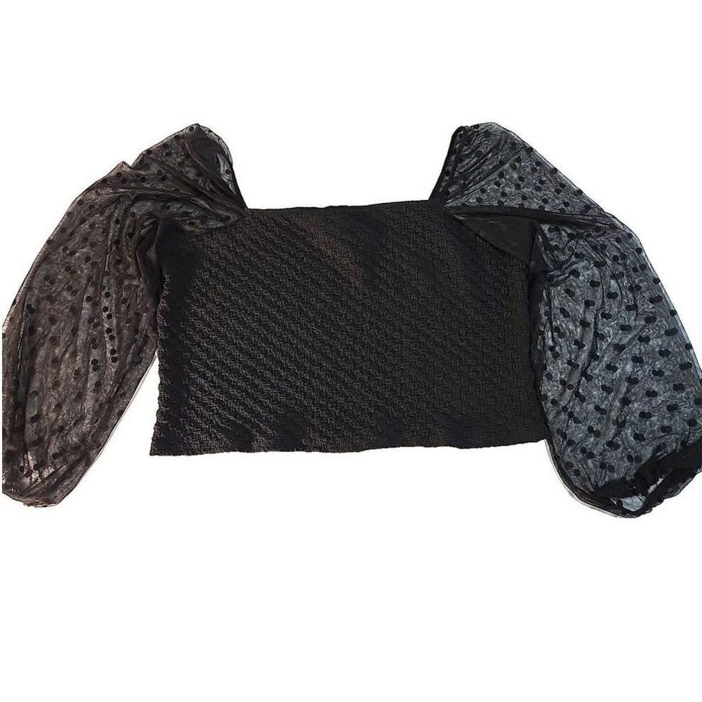 Ashley Stewart Black Popcorn Knit Polka Dot Mesh Puff Sleeve Crop Top 22/24 NWT